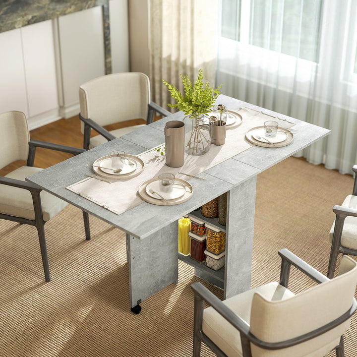 Mesa de Sala de Jantar Dobrável Mesa de Madeira com 2 Prateleiras de Armazenamento e Rodas para Cozinha 75x140x74 cm Cinza