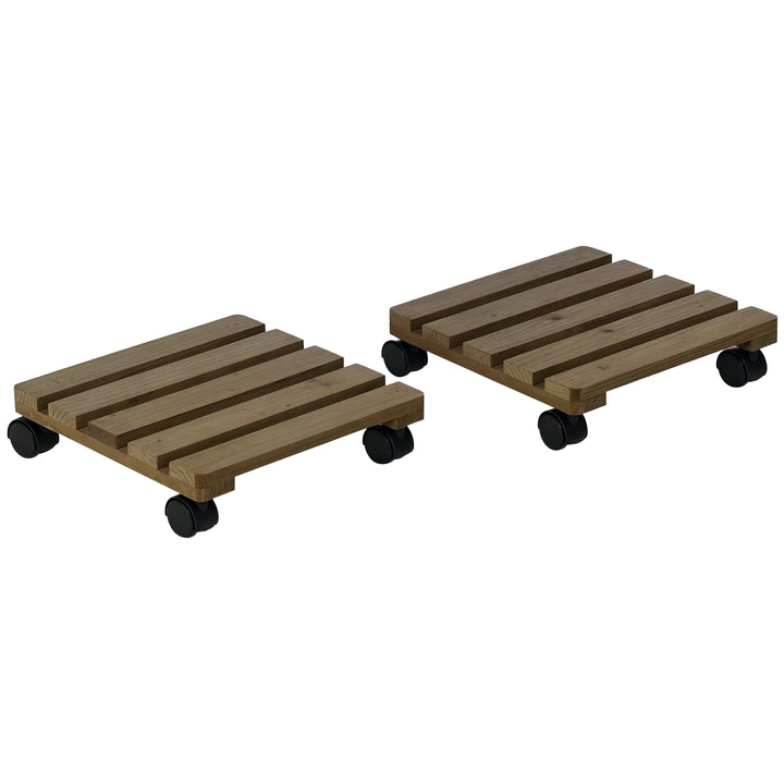 Conjunto de 2 Suportes de Madeira com Rodas Suportes para Plantas com Rodas Giratórias 360° e Travão Bases para Vasos de Interior e Exterior Carga 50 kg Castanho Escuro