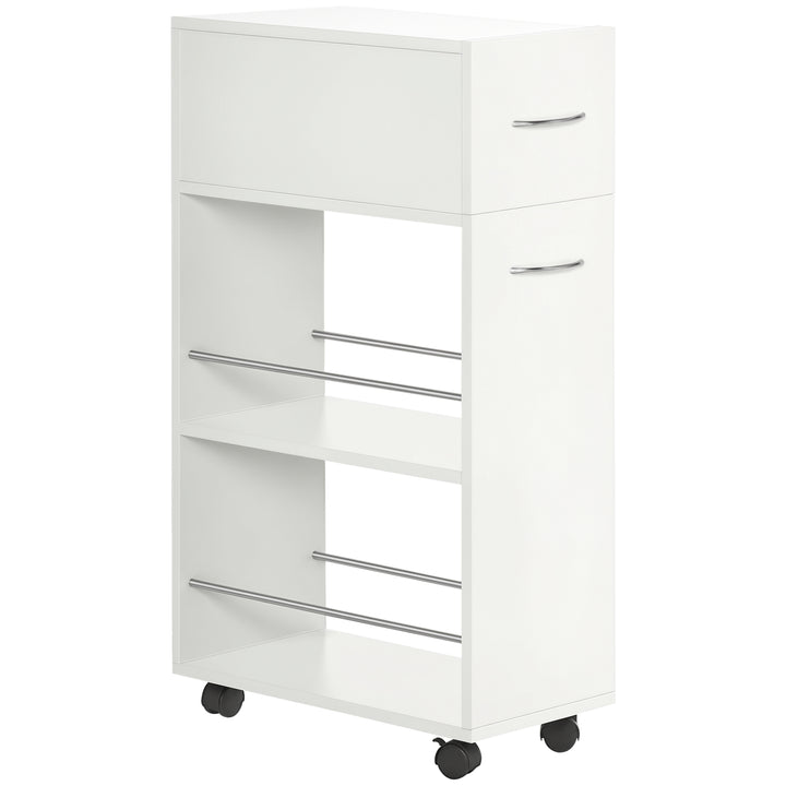 Carrinho de Cozinha com 1 Gaveta e 2 Prateleiras Abertas Carrinho de Cozinha Auxiliar cm Rodas para Sala de Jantar Casa de Banho 25x50x85cm Branco