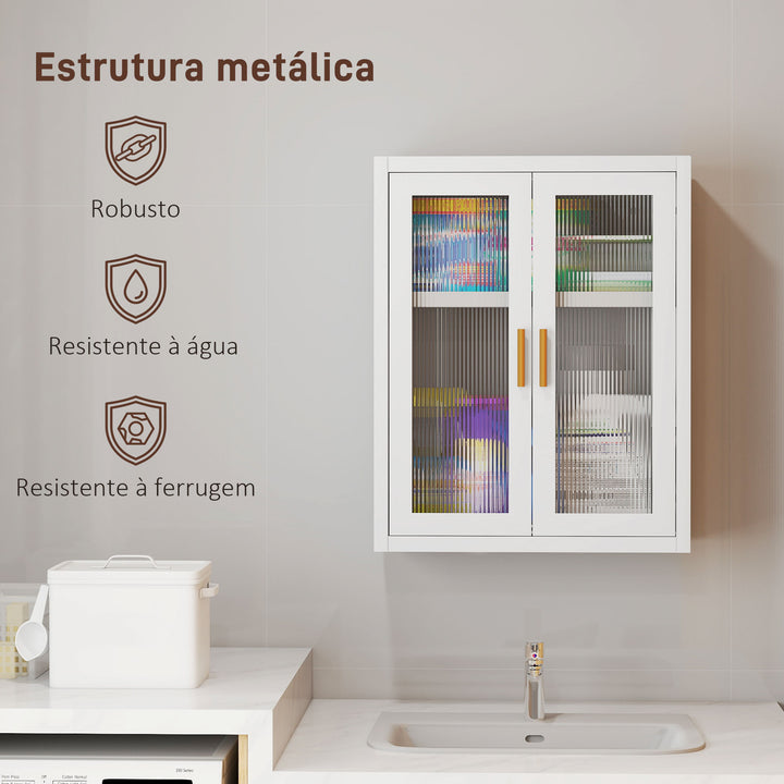 Armário de Casa de Banho de Parede Móvel Suspenso Moderno com Portas de Acrílico Prateleira Ajustável Fecho Magnético Armário de Arrumação para Lavandaria sobre o Sanitário 40x14x50 cm Branco