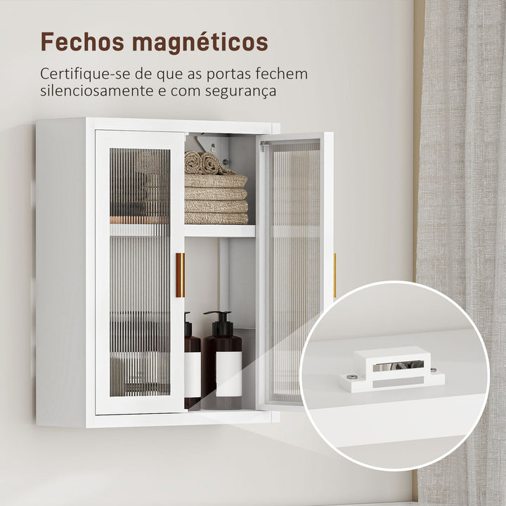 Armário de Casa de Banho de Parede Móvel Suspenso Moderno com Portas de Acrílico Prateleira Ajustável Fecho Magnético Armário de Arrumação para Lavandaria sobre o Sanitário 40x14x50 cm Branco