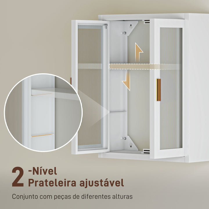 Armário de Casa de Banho de Parede Móvel Suspenso Moderno com Portas de Acrílico Prateleira Ajustável Fecho Magnético Armário de Arrumação para Lavandaria sobre o Sanitário 40x14x50 cm Branco