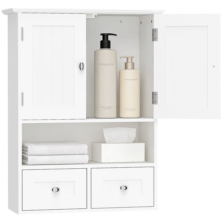 Armário de Parede para Casa de Banho Armário Suspenso de Casa de Banho com 2 Portas Prateleira Aberta e 2 Gavetas Estilo Moderno 50,8x17,8x66 cm Branco