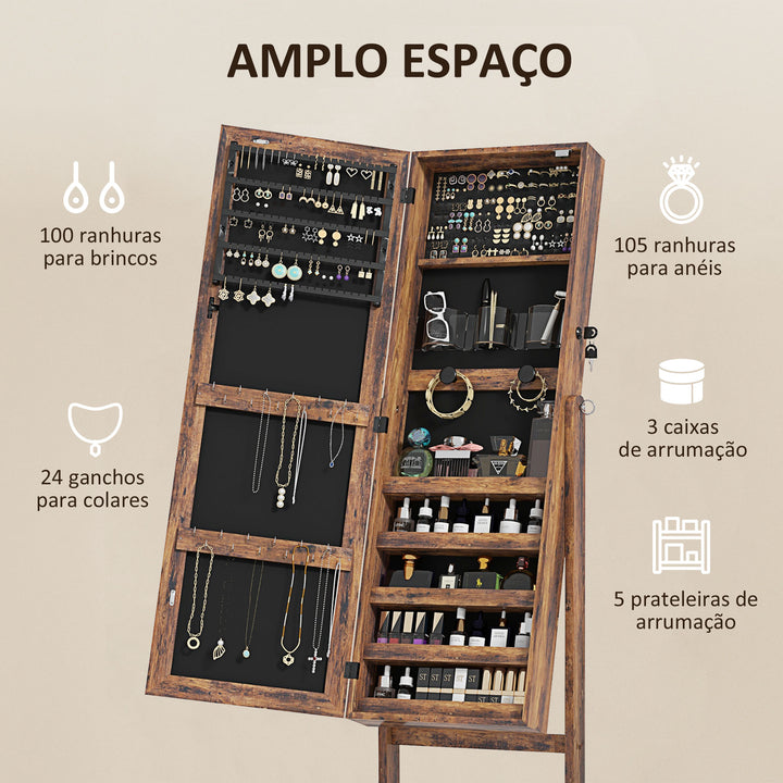 Joalheiro de Pé Armário para Jóias com Fita de Luz LED e Fechadura Magnética Organizador de Jóias com Prateleiras Ranhuras para Anéis Brincos 46x36,5x151,5 cm Madeira