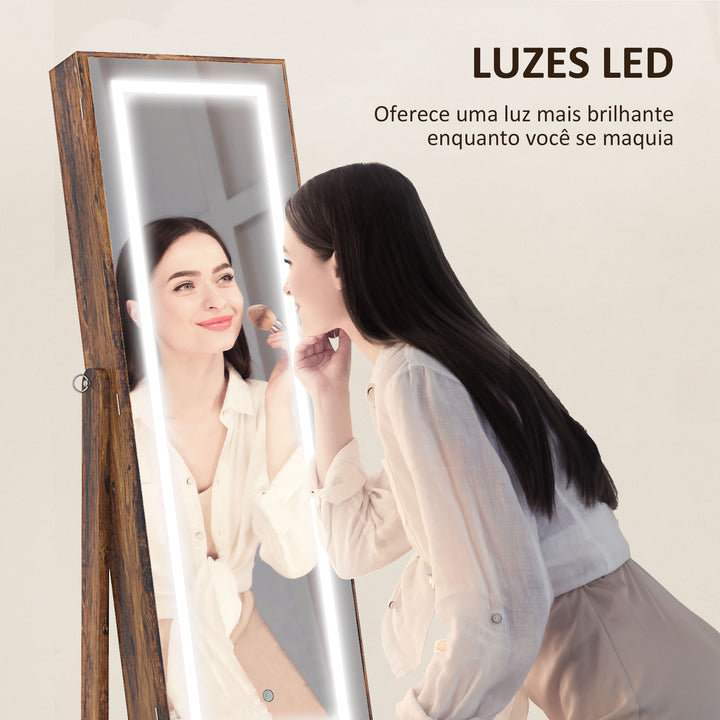 Joalheiro de Pé Armário para Jóias com Fita de Luz LED e Fechadura Magnética Organizador de Jóias com Prateleiras Ranhuras para Anéis Brincos 46x36,5x151,5 cm Madeira