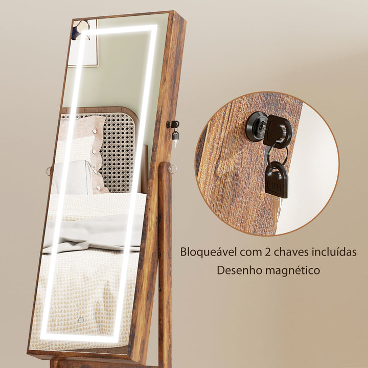 Joalheiro de Pé Armário para Jóias com Fita de Luz LED e Fechadura Magnética Organizador de Jóias com Prateleiras Ranhuras para Anéis Brincos 46x36,5x151,5 cm Madeira