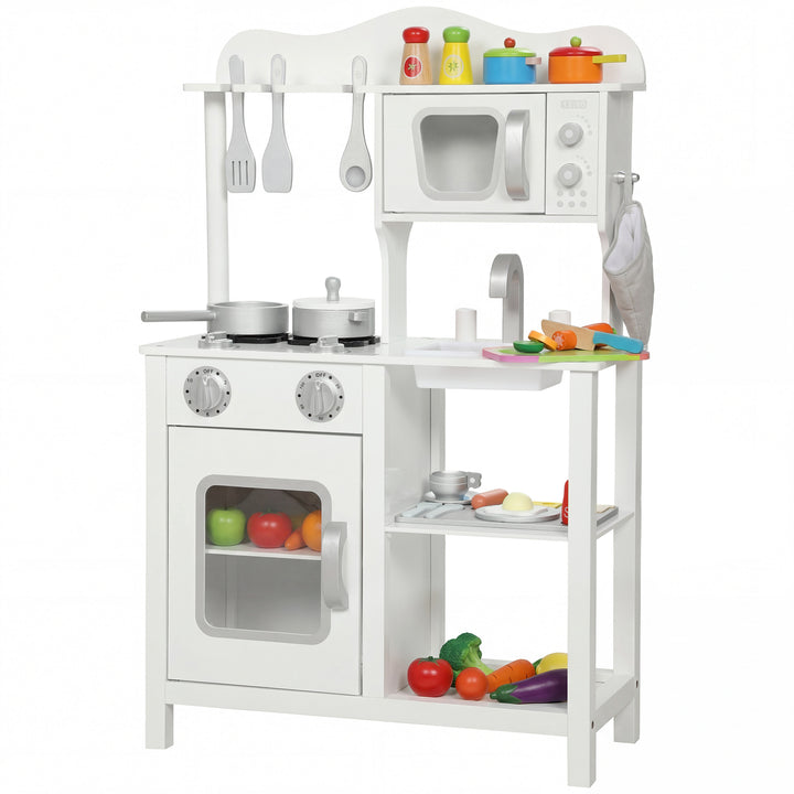 Cozinha de Brincar em Madeira com Som Cozinha Infantil com Acessórios Lava-Loiças Micro-Ondas e Fogão Brinquedos para Crianças a Partir de 3 Anos 55x24x86 cm Branco