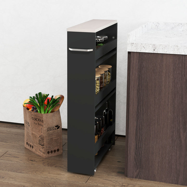 Estante de Armazenamento para Casa de Banho de 3 Níveis Estante Estreita com Alça Lateral Estante com Rodas para Cozinha Sala de Estar Estilo Moderno 48x15x80 cm Preto