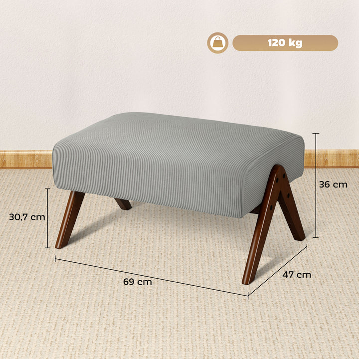Apoio para Pés para Sala Banco Baixo Estofado em Veludo Otomana Retangular com Assento Almofadado e Pés de Madeira para Sala de Estar Quarto 69x47x36 cm Cinzento Claro