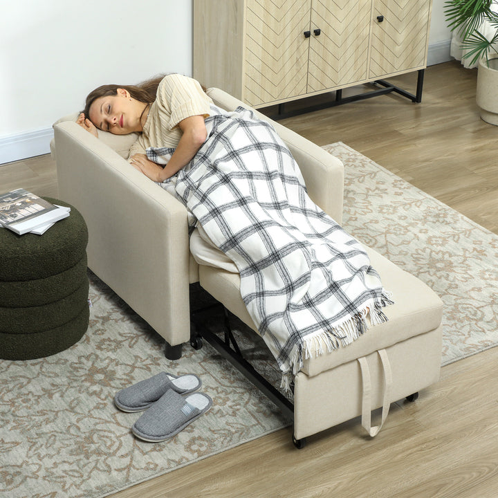 Sofá Cama Individual Poltrona com 4 Rodas Encosto Reclinável Almofada Extra e Assento Acolchoado Carga 100 kg para Escritório Dormitório Sala de Estar 69x82,5x84 cm Bege