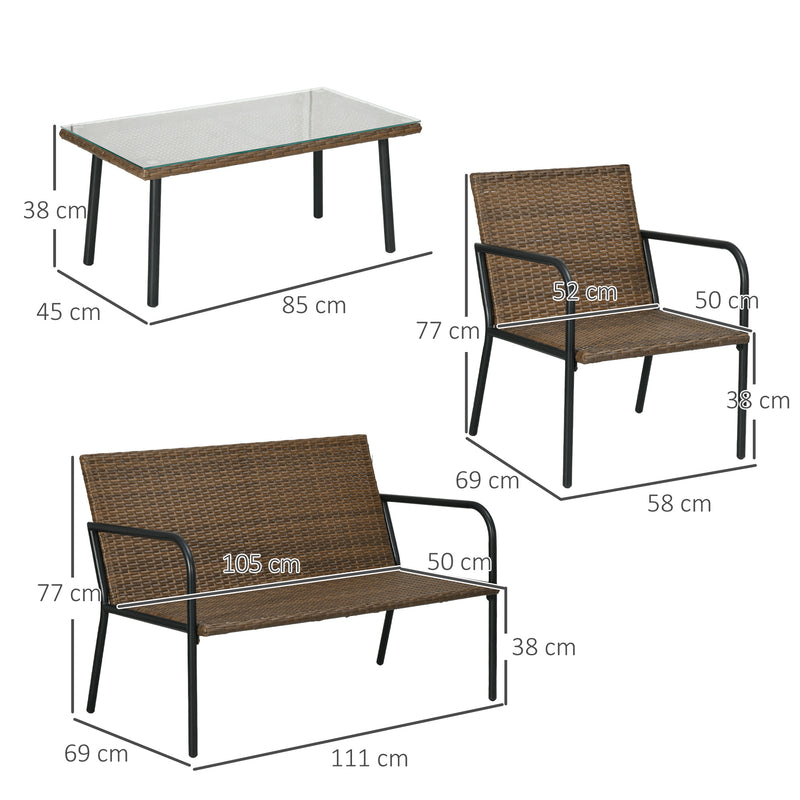 Conjunto de Jardim de 4 Peças em Vime Sintético Móveis de Jardim com 2 Poltronas 1 Sofá de 2 Lugares e 1 Mesa de Vidro Temperado para Terraço Pátio Multicolor