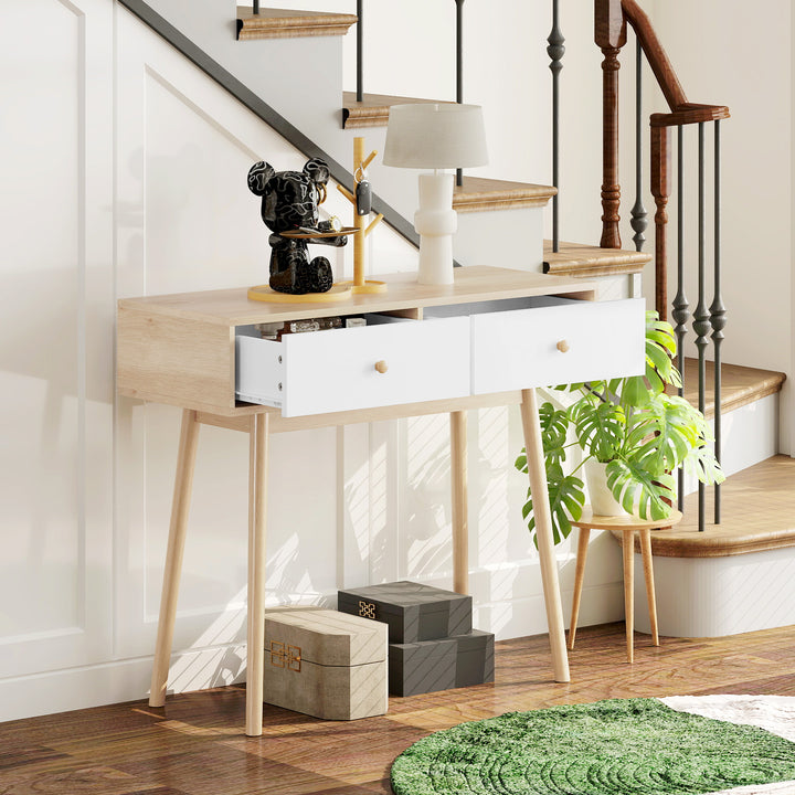 Mesa Consola Moderna Consola de Entrada Estreita com 2 Gavetas para Corredor Entrada Sala ou Dormitório 86x35x75 cm Carvalho
