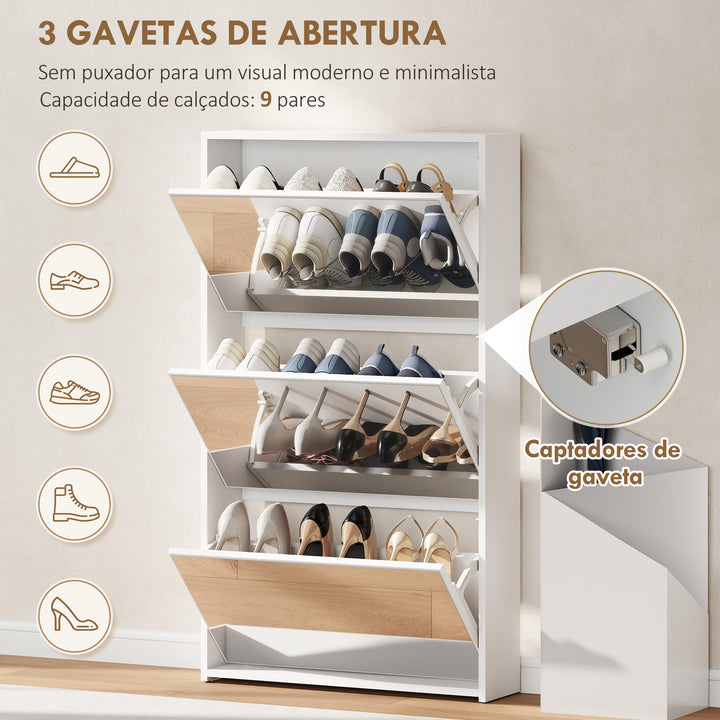 Sapateira Estreita 3 Portas com Espelho Sapateira para Entrada Corredor Para 9 Pares de Sapatos Para Corredor Espaços Reduzidos 65x17x114,5 cm Branco
