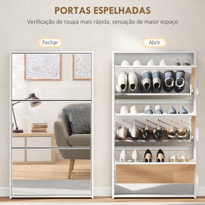 Sapateira Estreita 3 Portas com Espelho Sapateira para Entrada Corredor Para 9 Pares de Sapatos Para Corredor Espaços Reduzidos 65x17x114,5 cm Branco