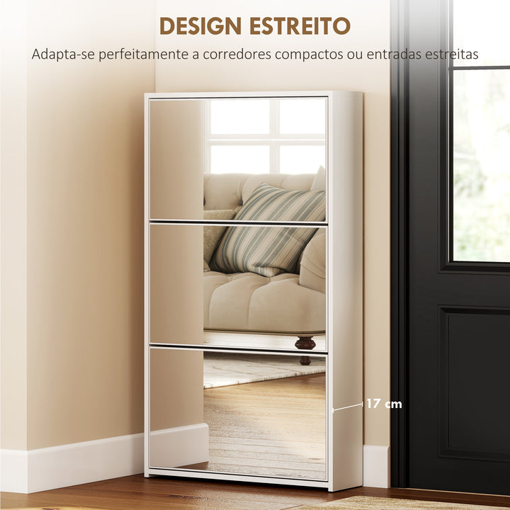 Sapateira Estreita 3 Portas com Espelho Sapateira para Entrada Corredor Para 9 Pares de Sapatos Para Corredor Espaços Reduzidos 65x17x114,5 cm Branco