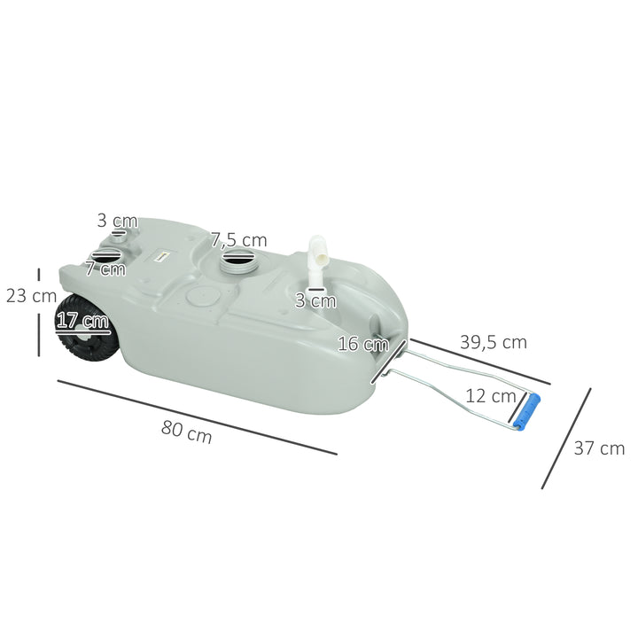 Depósito de Água 40 L com Rodas Depósito de Água Portátil com Pega Metálica e Torneira para Caravanas Autocaravanas Campismo ao Ar Livre 37x23x80 cm Cinzento
