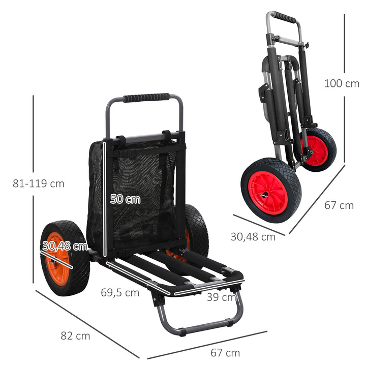 Carrinho de Praia Dobrável Carrinho de Transporte com Grandes Rodas de 30 cm Todo-o-Terreno com Bolso em Rede e Punho Telescópico de Alumínio para Jardim Campismo Compras Carga 150 kg Cinzento