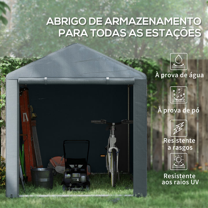 Abrigo para Ferramentas Bicicletas e Motos 1,6x2,2x1,7 cm Garagem Portátil com 2 Habitações Porta com Fecho de Correr Impermeável Anti-UV para Jardim Cinza Escuro