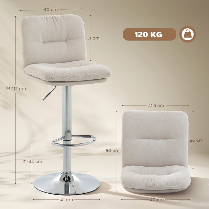 Conjunto de 2 Bancos de Bar Giratórios Bancos Altos de Cozinha Estofados em Linho com Altura Ajustável 64-86 cm Encosto Apoio para Pés Assento Almofadado e Base de Aço Bege