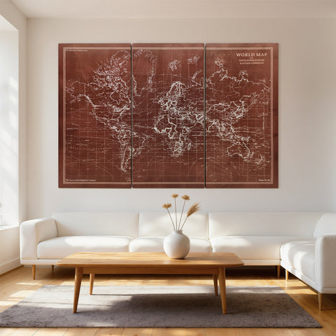 Quadros Decorativos Mapa Múndi Vintage Pintados à Mão 120x60 cm Quadros de Arte de Parede com Moldura de Madeira Decoração Elegante para Quarto Salão Cozinha Castanho