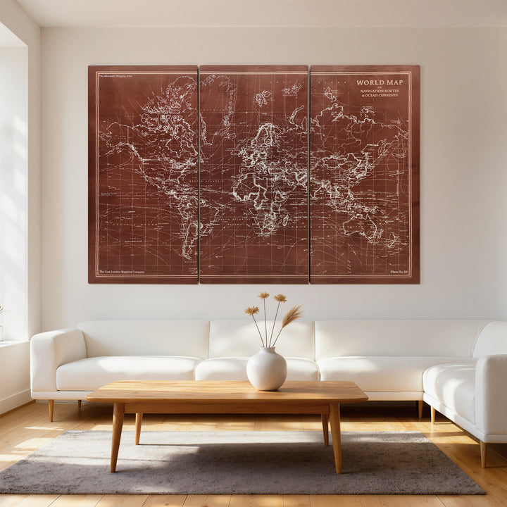 Quadros Decorativos Mapa Múndi Vintage Pintados à Mão 120x60 cm Quadros de Arte de Parede com Moldura de Madeira Decoração Elegante para Quarto Salão Cozinha Castanho