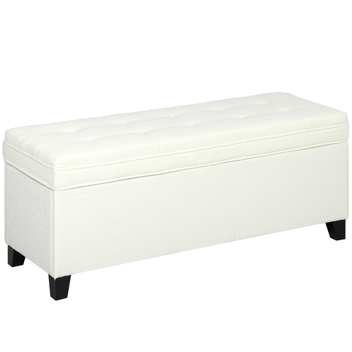 Puff de Armazenamento Banco com 112L Estofado em Linho com 2 Dobradiças de Segurança Tampa Rebatível e Assento com Capitonê para Sala de Estar Quarto Entrada Suporta 120 kg 120x40x48 cm Creme