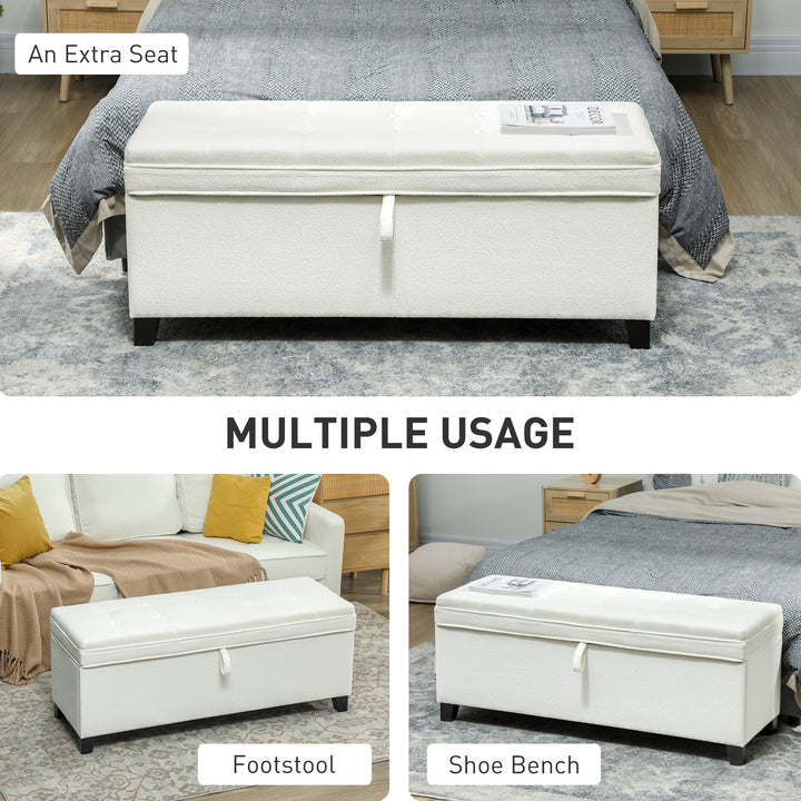 Puff de Armazenamento Banco com 112L Estofado em Linho com 2 Dobradiças de Segurança Tampa Rebatível e Assento com Capitonê para Sala de Estar Quarto Entrada Suporta 120 kg 120x40x48 cm Creme