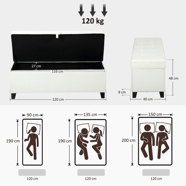 Puff de Armazenamento Banco com 112L Estofado em Linho com 2 Dobradiças de Segurança Tampa Rebatível e Assento com Capitonê para Sala de Estar Quarto Entrada Suporta 120 kg 120x40x48 cm Creme