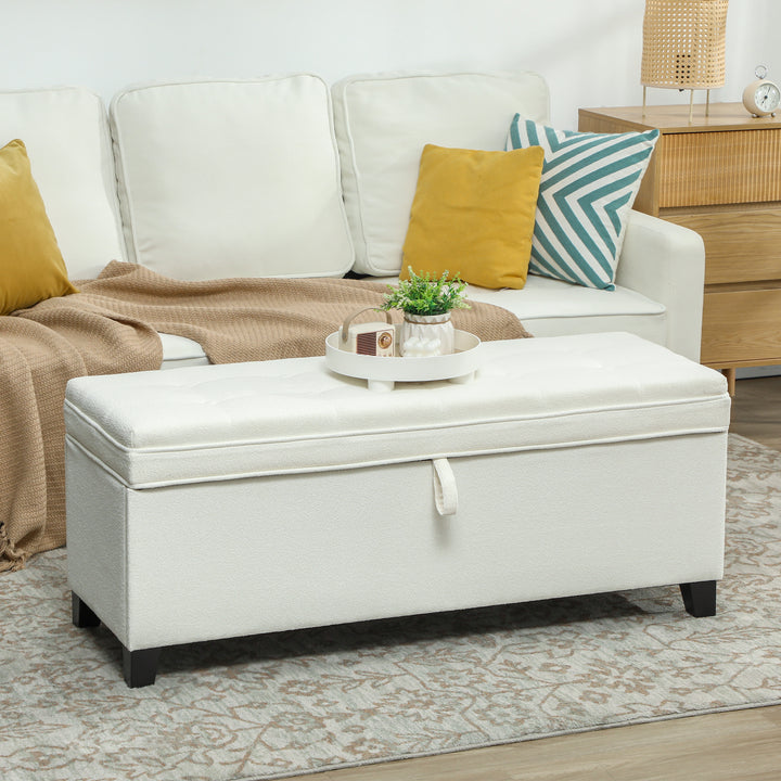Puff de Armazenamento Banco com 112L Estofado em Linho com 2 Dobradiças de Segurança Tampa Rebatível e Assento com Capitonê para Sala de Estar Quarto Entrada Suporta 120 kg 120x40x48 cm Creme