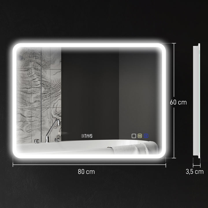 Espelho de Casa de Banho com Luz LED 80x60 cm Espelho de Parede com Bluetooth 3 Cores de Luz Relógio Digital Função Antiembaciamento Função de Memória Interruptor Tátil IP44 Prata