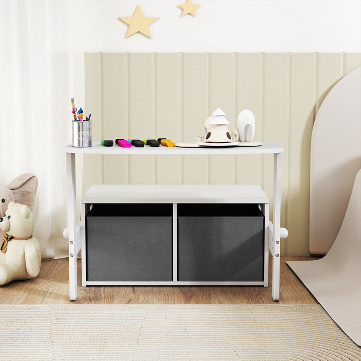 Banco para Crianças Conversível 3 em 1 Conjunto de Mesa e Cadeira Baú de Brinquedos com Cubos de Tecido Removíveis Banco de Armazenamento Móvel Multifuncional para Crianças 3-6 Anos Branco