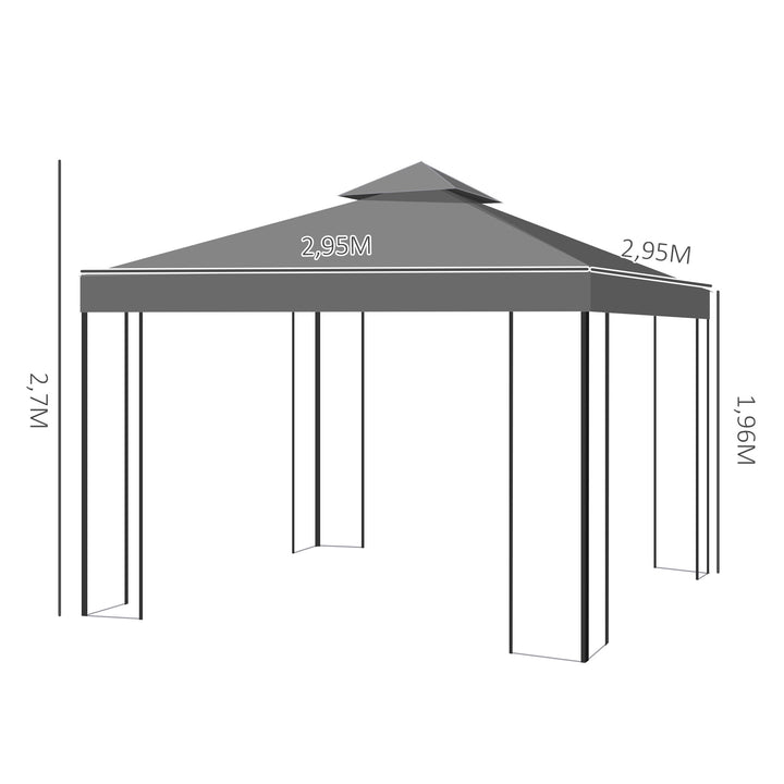 Pérgola de Jardim 3x3 m com Teto Duplo Estrutura de Aço 8 Orifícios de Drenagem Resistente à Água Pérgola para Exterior Pátio Cinzento