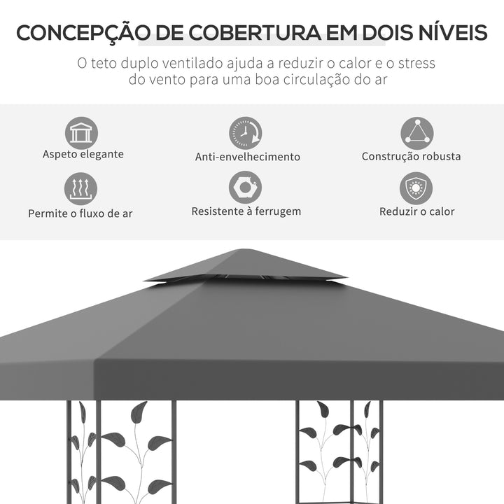 Pérgola de Jardim 3x3 m com Teto Duplo Estrutura de Aço 8 Orifícios de Drenagem Resistente à Água Pérgola para Exterior Pátio Cinzento
