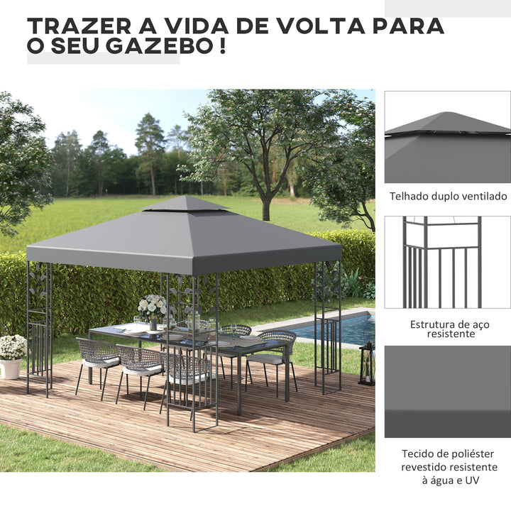 Pérgola de Jardim 3x3 m com Teto Duplo Estrutura de Aço 8 Orifícios de Drenagem Resistente à Água Pérgola para Exterior Pátio Cinzento
