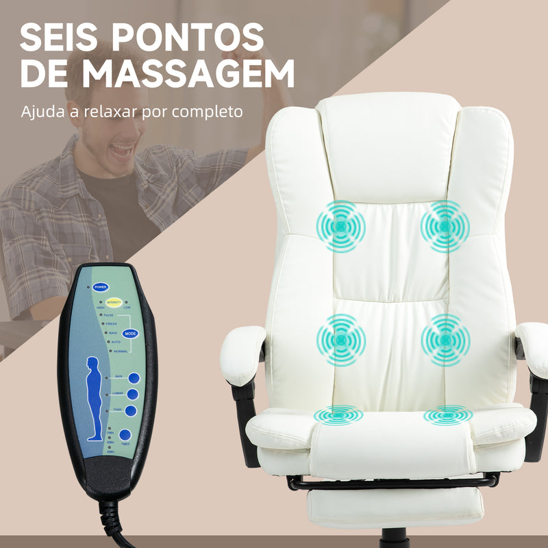 Cadeira de Escritório Giratória Cadeira de Escritório com Altura Ajustável 6 Pontos de Massagem Controle Remoto e Apoio para os Pés Retrátil 68,5x68,5x113-121cm Creme