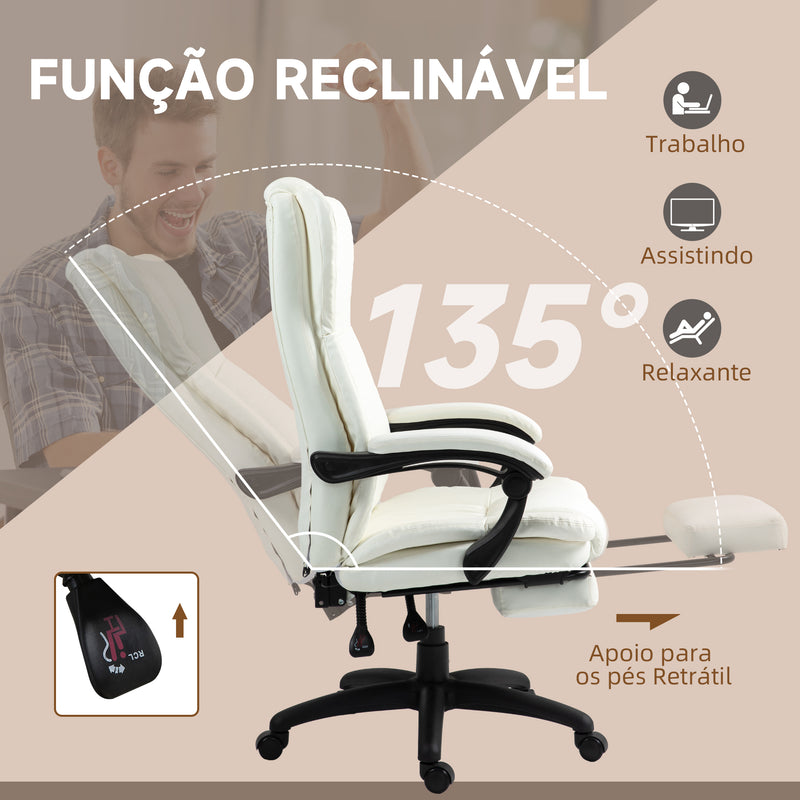 Cadeira de Escritório Giratória Cadeira de Escritório com Altura Ajustável 6 Pontos de Massagem Controle Remoto e Apoio para os Pés Retrátil 68,5x68,5x113-121cm Creme