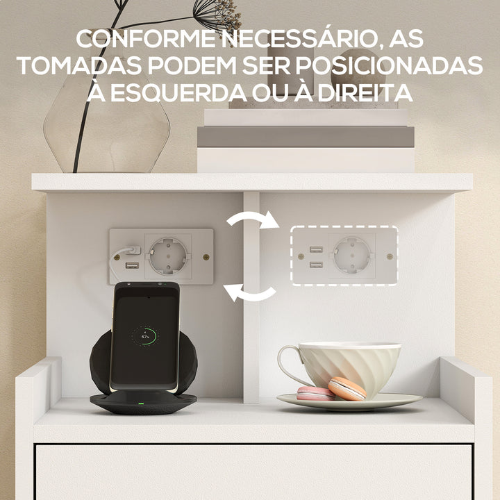 Mesa de Cabeceira com Estação de Carregamento Mesa de Cabeceira com Portos USB Gaveta e Prateleiras Abertas para Sala Estudio 40x40x60 cm Branco
