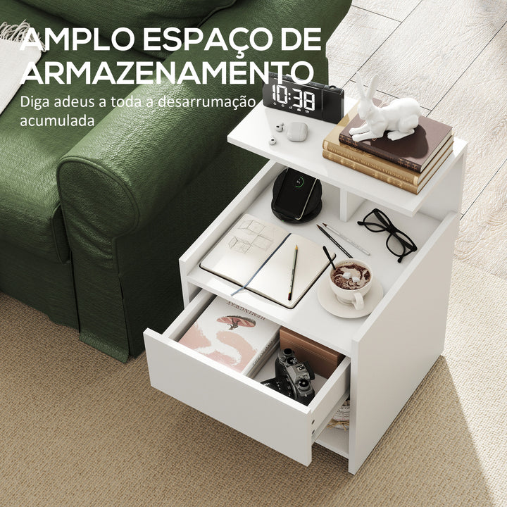 Mesa de Cabeceira com Estação de Carregamento Mesa de Cabeceira com Portos USB Gaveta e Prateleiras Abertas para Sala Estudio 40x40x60 cm Branco
