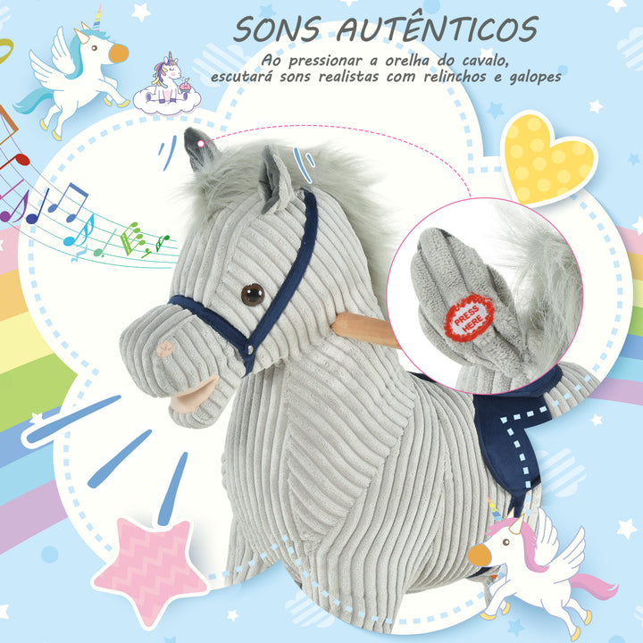 Baloiço Infantil de Cavalo para Crianças acima de 3 Anos Baloiço de Pelúcia com Sons de Relinchos e Galopes e Base de Madeira 73x35x64cm Azul e Cinza