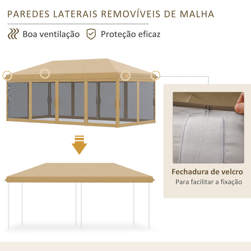 Tenda para Festas 6x3 m Tenda de Jardim com 6 Mosquiteiros Bolsa de Transporte e Estrutura de Aço para Campismo Festas Bege