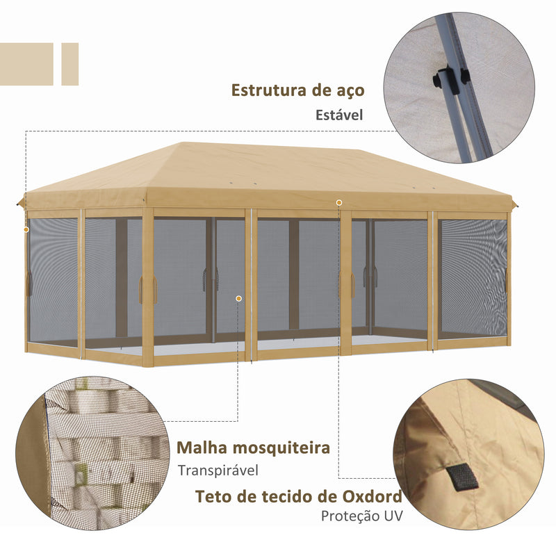 Tenda para Festas 6x3 m Tenda de Jardim com 6 Mosquiteiros Bolsa de Transporte e Estrutura de Aço para Campismo Festas Bege