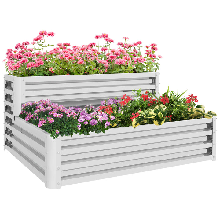 Caixa de Cultivo de 2 Níveis em Aço Galvanizado Floreira Exterior com Design em Escada e Fundo Aberto para Cultivo Plantas Herbári, para Terraço Jardim 120x101x58 cm Prata