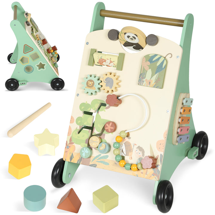 Andador de Madeira para Bebé Centro de Atividades de Aprendizagem Montessori com Controlo de Velocidade com Xilofone Engrenagens Labirinto Contas para Crianças a partir de 18 Meses 33,5x36x46,8 cm Verde