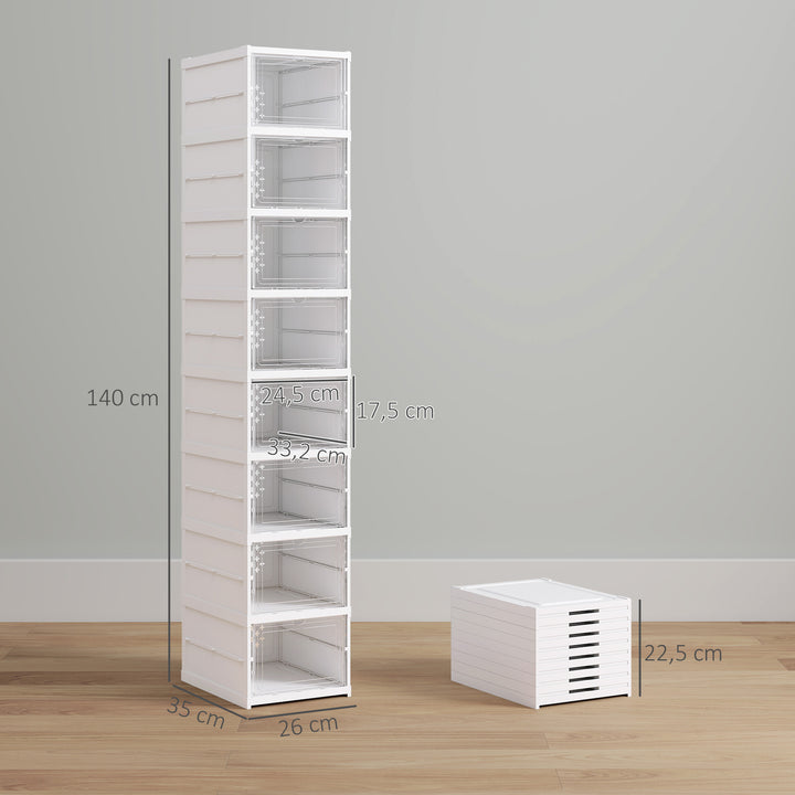 Sapateira Dobrável Organizador para Sapatos de 8 Níveis com Portas Transparentes para Sapatos até Tamanho 43 Não Requer Montagem 26x35x140 cm Branco
