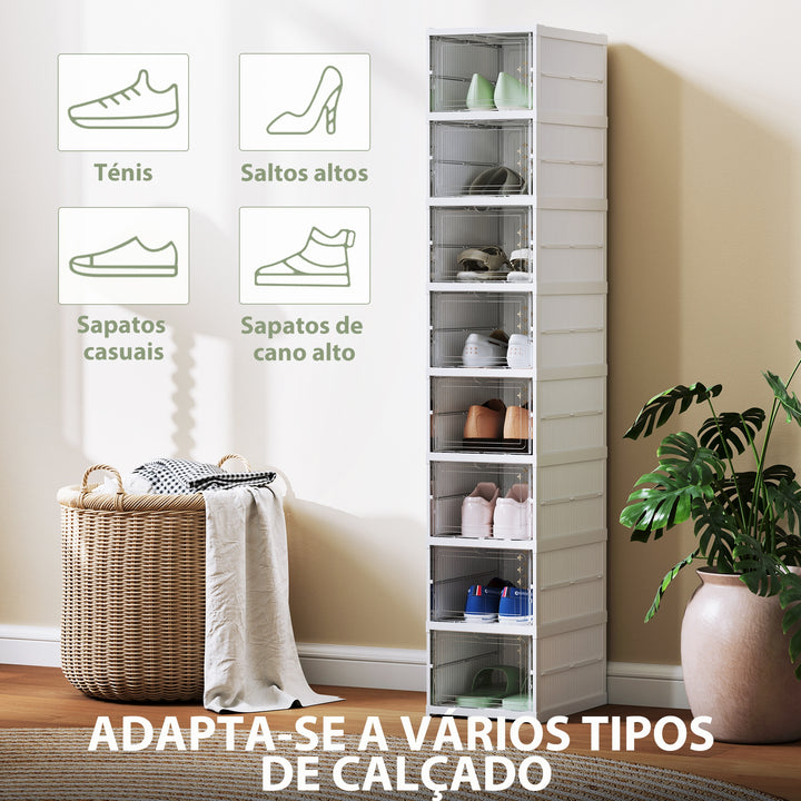 Sapateira Dobrável Organizador para Sapatos de 8 Níveis com Portas Transparentes para Sapatos até Tamanho 43 Não Requer Montagem 26x35x140 cm Branco