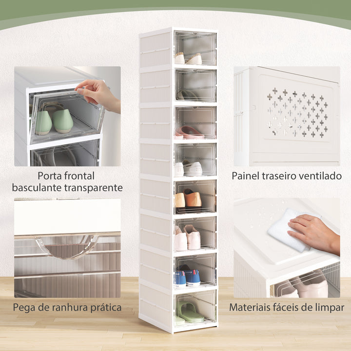 Sapateira Dobrável Organizador para Sapatos de 8 Níveis com Portas Transparentes para Sapatos até Tamanho 43 Não Requer Montagem 26x35x140 cm Branco