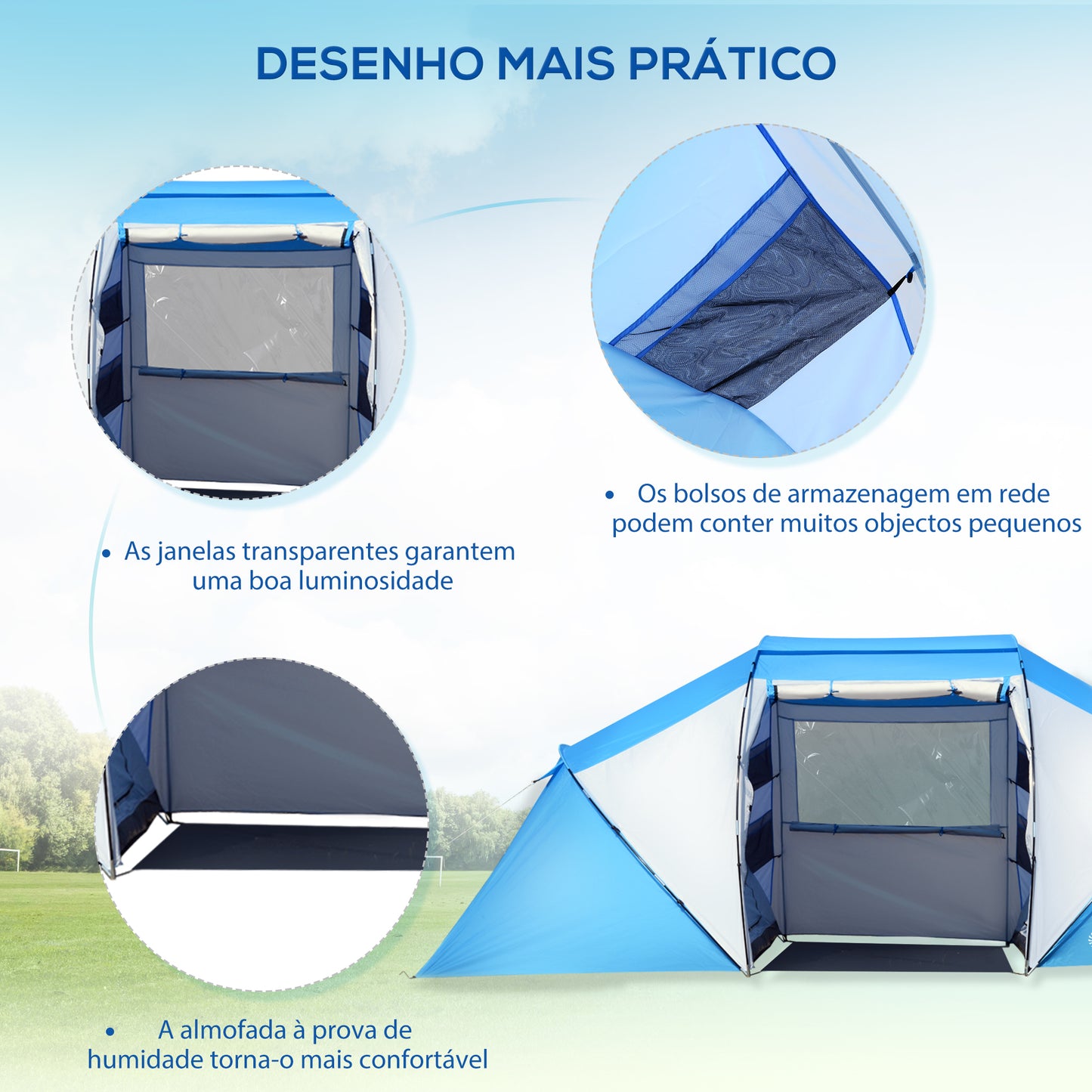 Tenda de Campismo Familiar para 4-6 Pessoas Tenda de Campismo Dobrável com Bolsa de Transporte Impermeável para Praia Parque 430x240x170 cm Azul e Branco