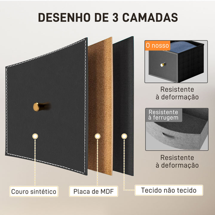 Cómoda para Dormitório Cómoda de Tecido com 9 Gavetas Dobráveis com Frentes de Couro PU e Estrutura de Aço Cómoda para Dormitório 88x30x103,5 cm Preto