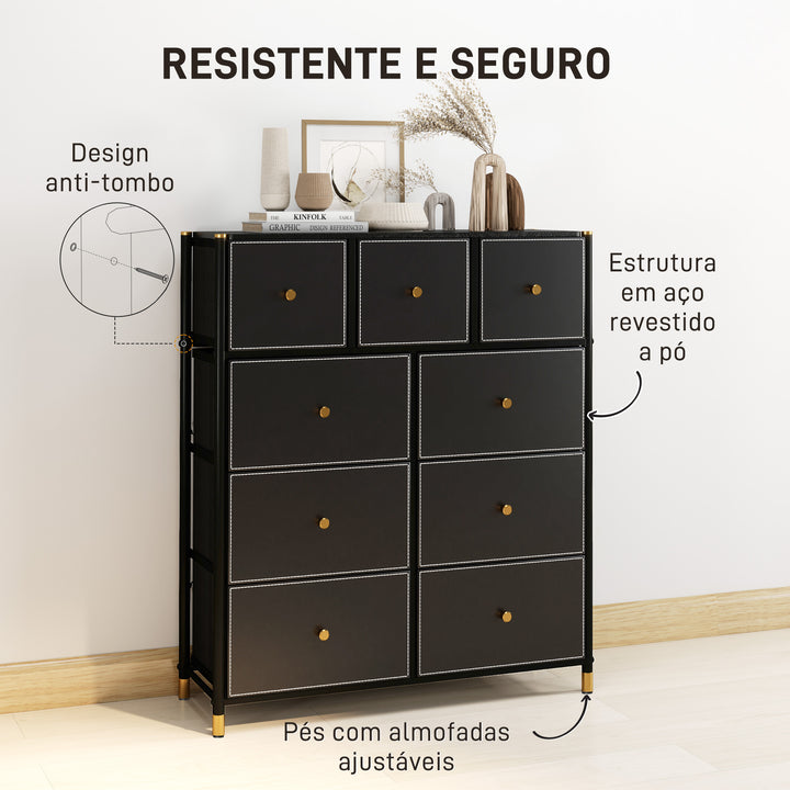 Cómoda para Dormitório Cómoda de Tecido com 9 Gavetas Dobráveis com Frentes de Couro PU e Estrutura de Aço Cómoda para Dormitório 88x30x103,5 cm Preto