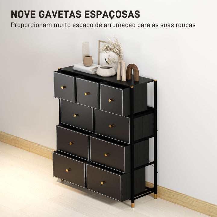 Cómoda para Dormitório Cómoda de Tecido com 9 Gavetas Dobráveis com Frentes de Couro PU e Estrutura de Aço Cómoda para Dormitório 88x30x103,5 cm Preto